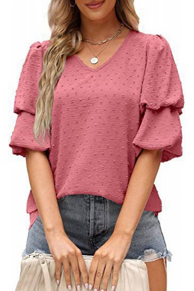 CWTBLS02488_V-NECK LANTERN SLEEVE DOT CHIFFON TOP