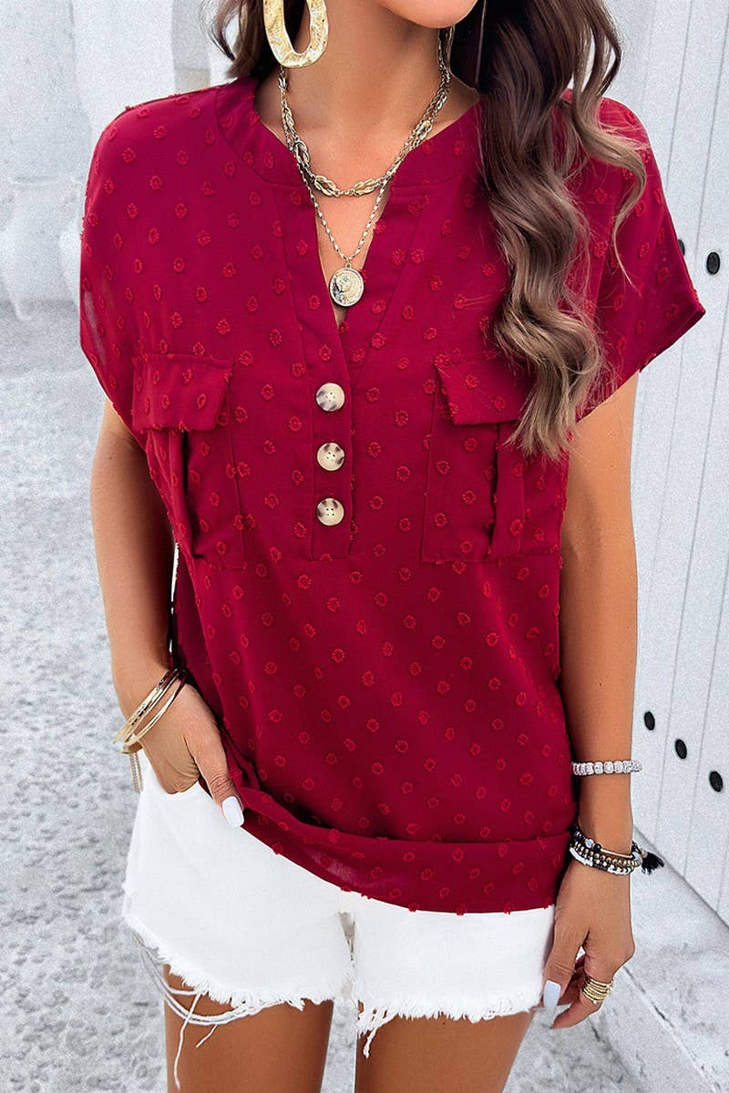 CWTBLS0387_V-Neck Button Detailed Short Sleeve Top