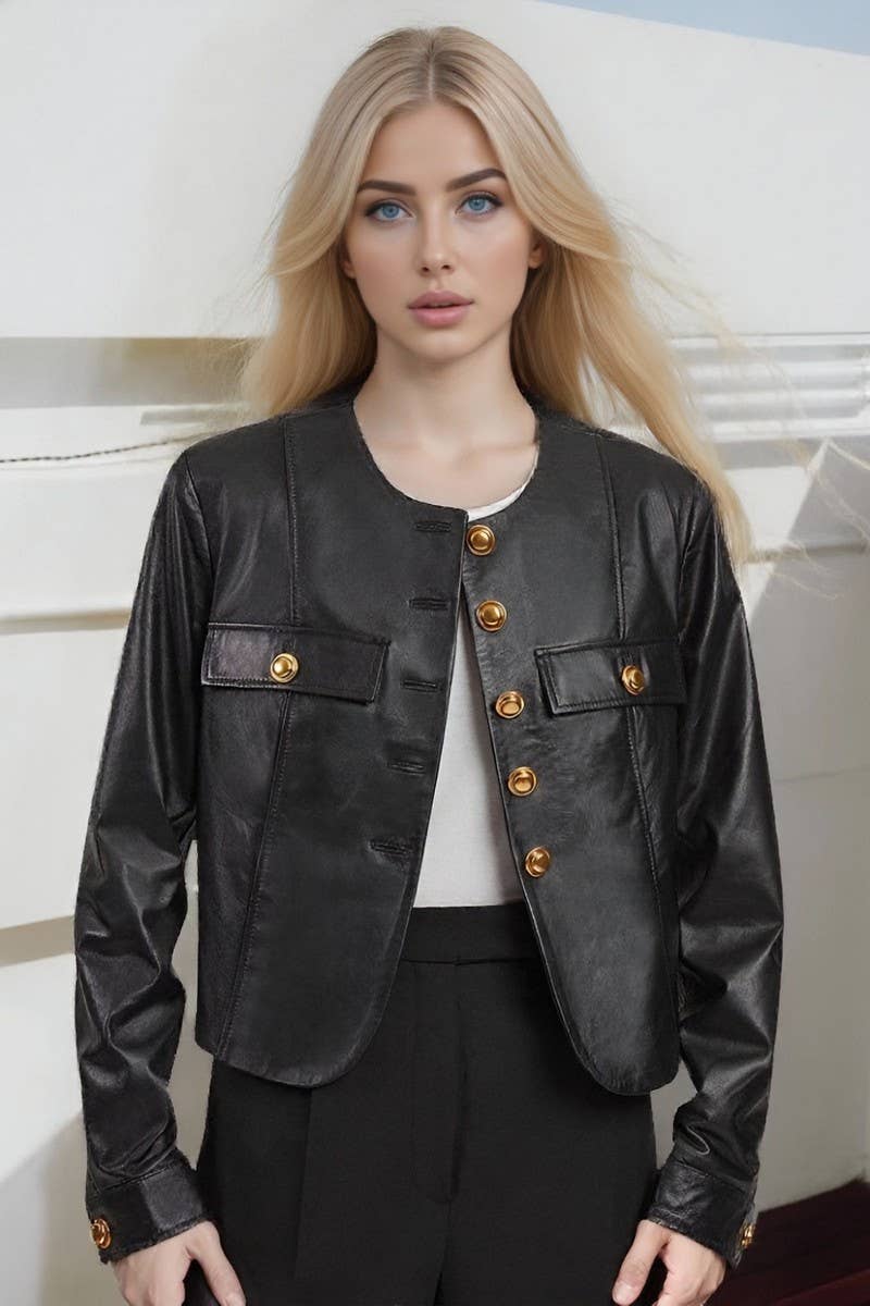 CWOHOL1147_ROUND COLLAR METAL BUTTON SHORT PU LEATHER JACKET