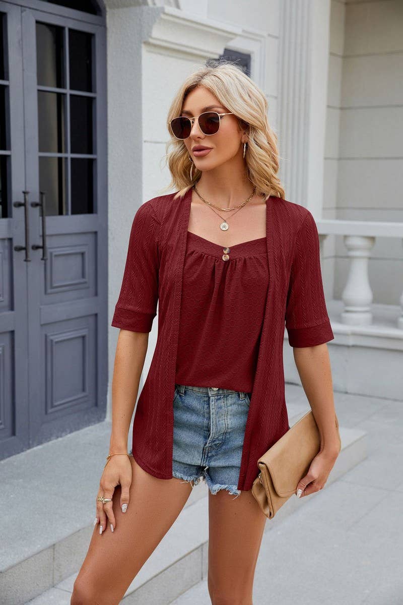 CWTTS0820_Short Sleeve Tops Fake Two Pieces Pullover Blouse