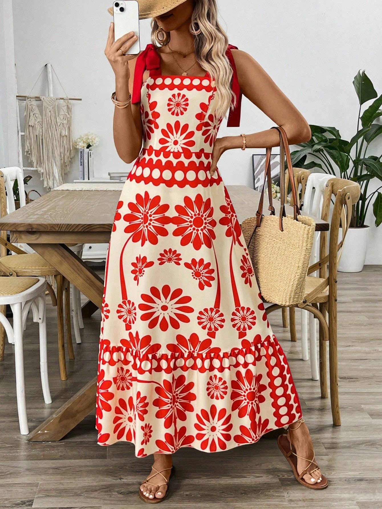 BOHO CHIC LOCKED-DOWN FLORAL STRAP DRESS