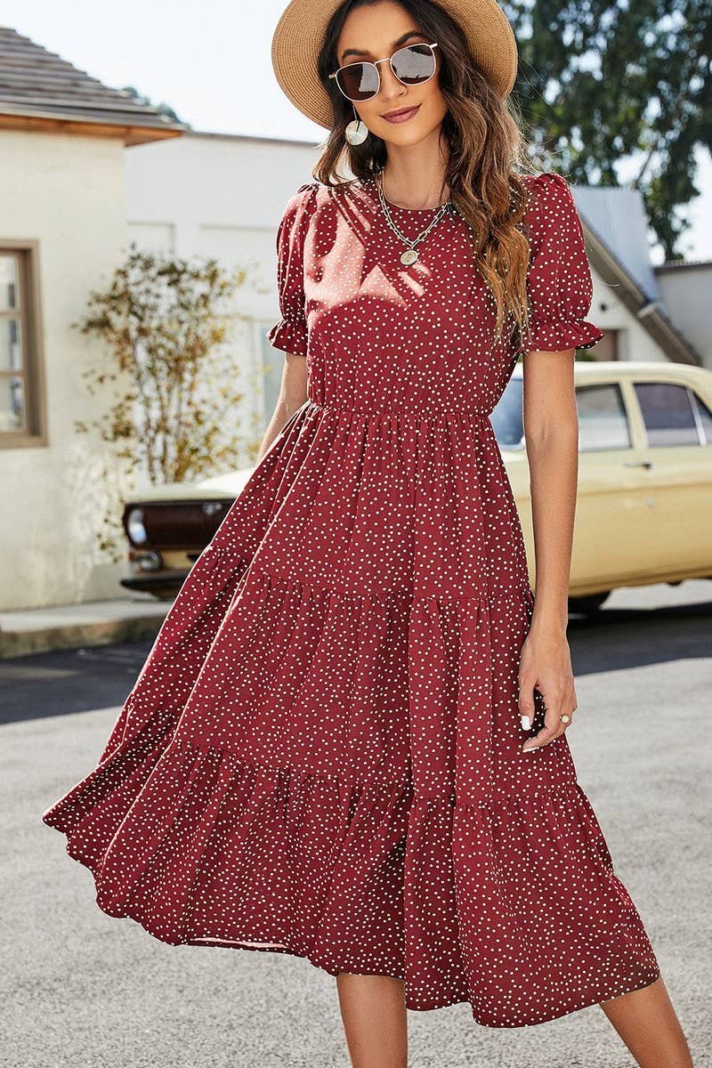CWDMD1236_Round neck Tiered Detailed Short Sleeve Dress