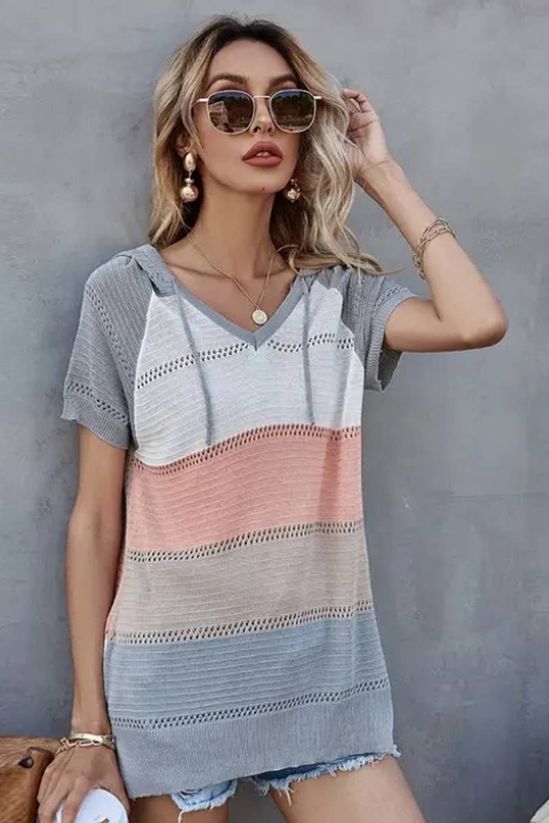 CWTTS1304_SPRING AND SUMMER STRIPED HOODED T-SHIRT