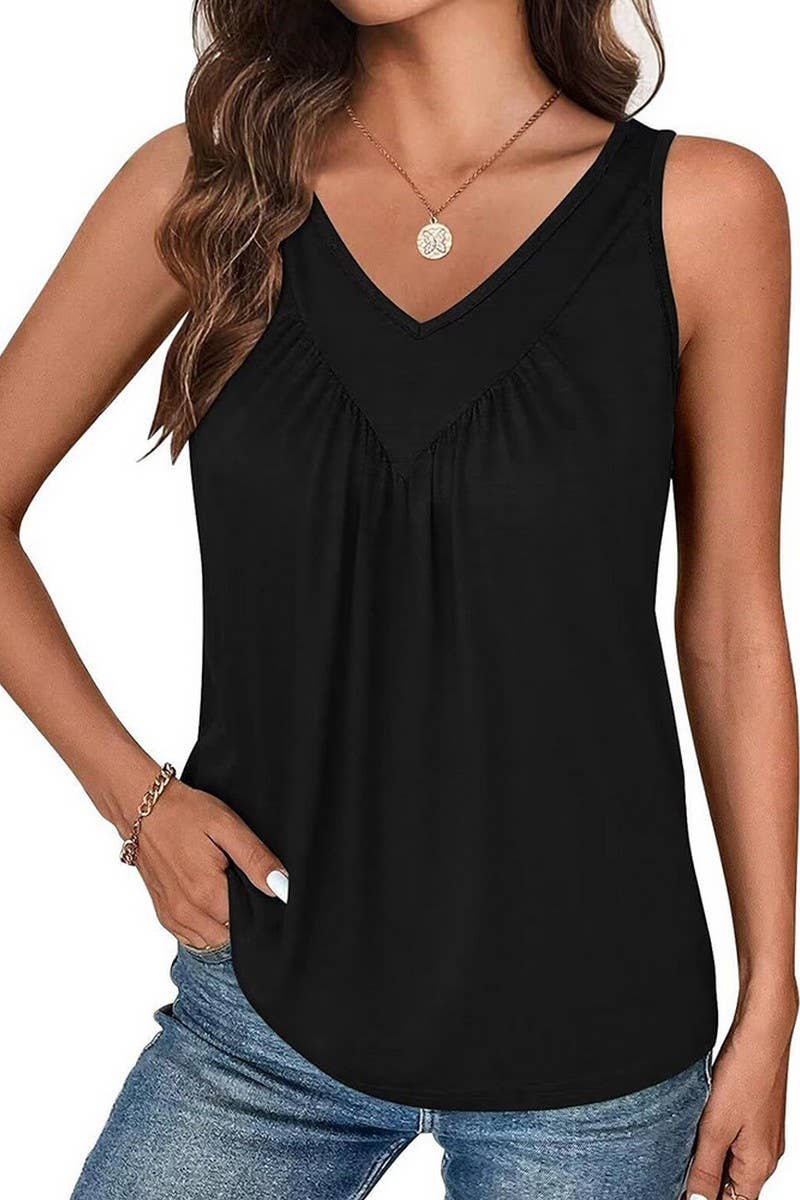 CWTTK1178_SOLID V-NECK SLEEVELESS FIT TANK TOP