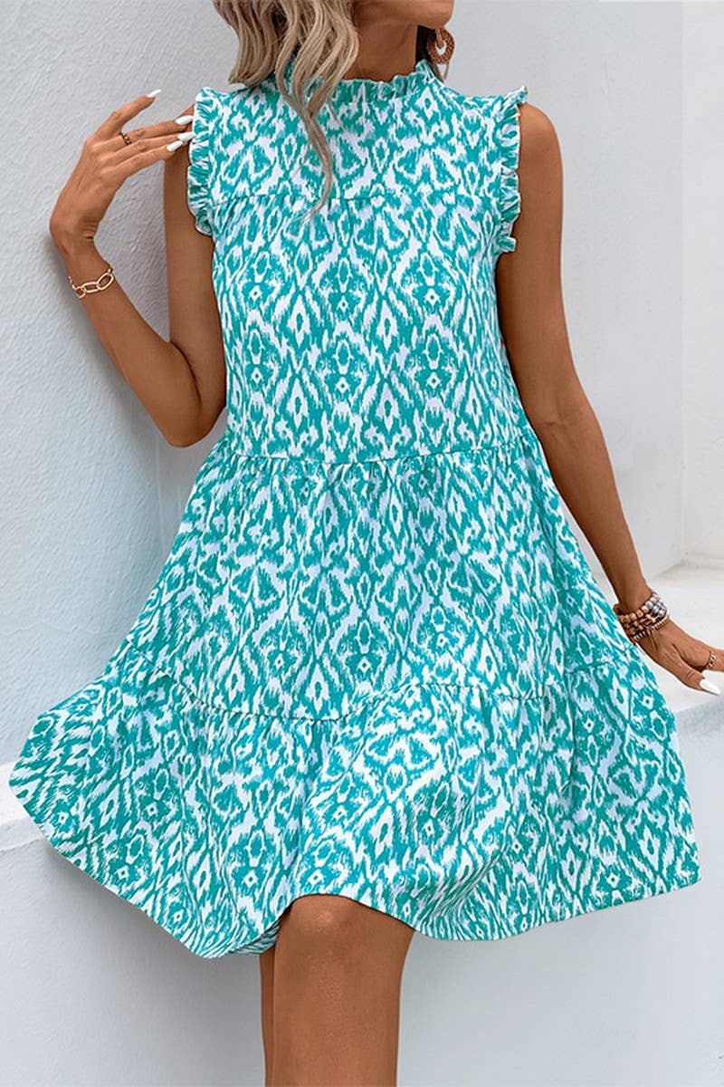 CWDSD6998_ROUND NECK PRINTED SLEEVELESS TANK DRESS