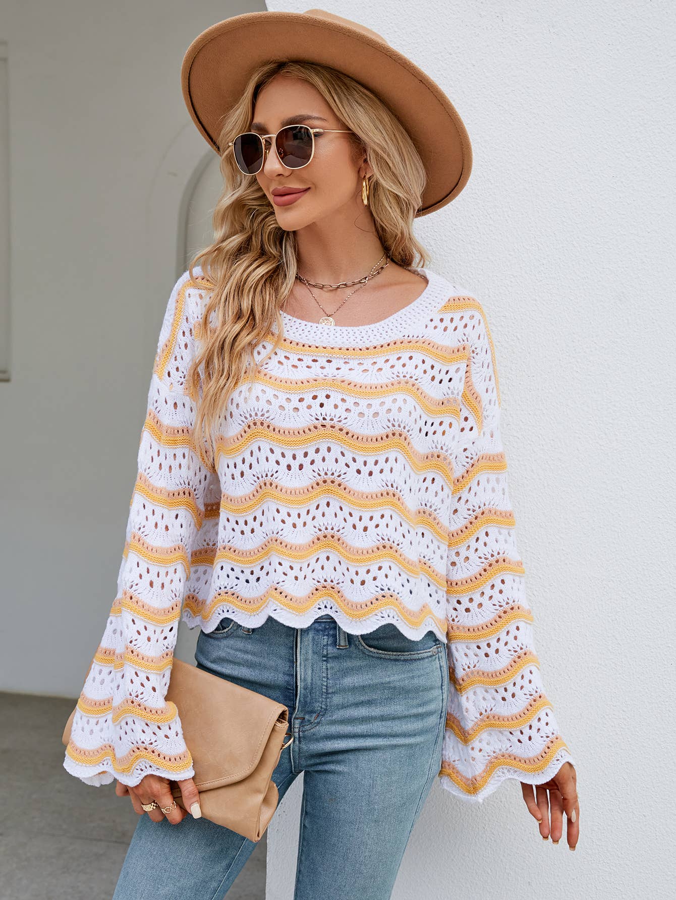 Cut-out short crop knit striped sweater