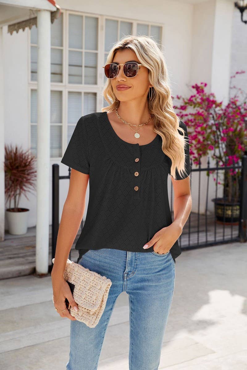 CWTBLS0435_Round Neck Short Sleeve Blouse