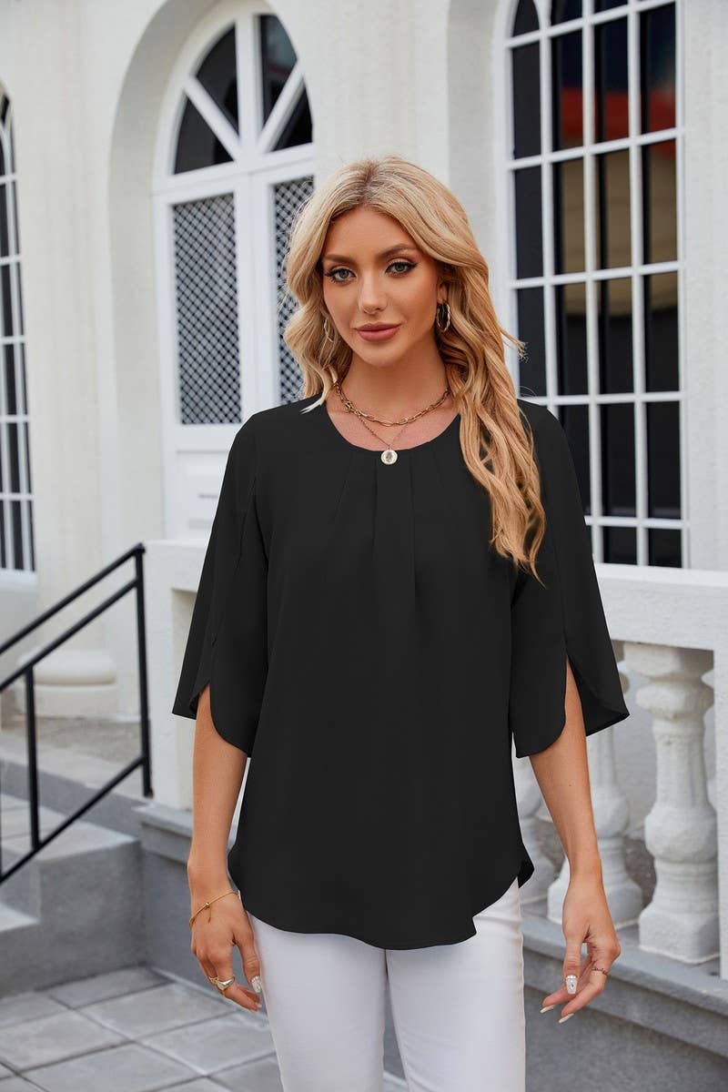 CWTBLS0434_Round Neck Short Sleeve Blouse