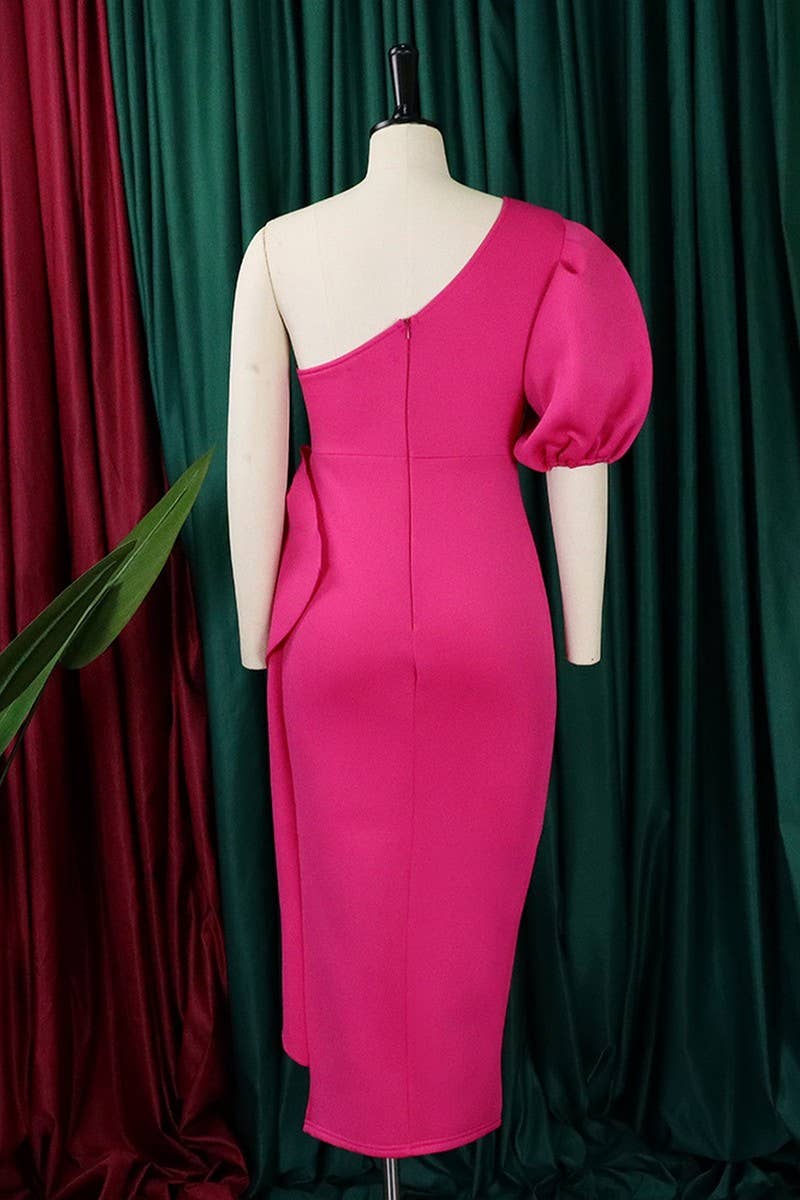 CWDMD1731_PLUS SIZE SLOPE NECK SLIT RUFFLED MIDI DRESS