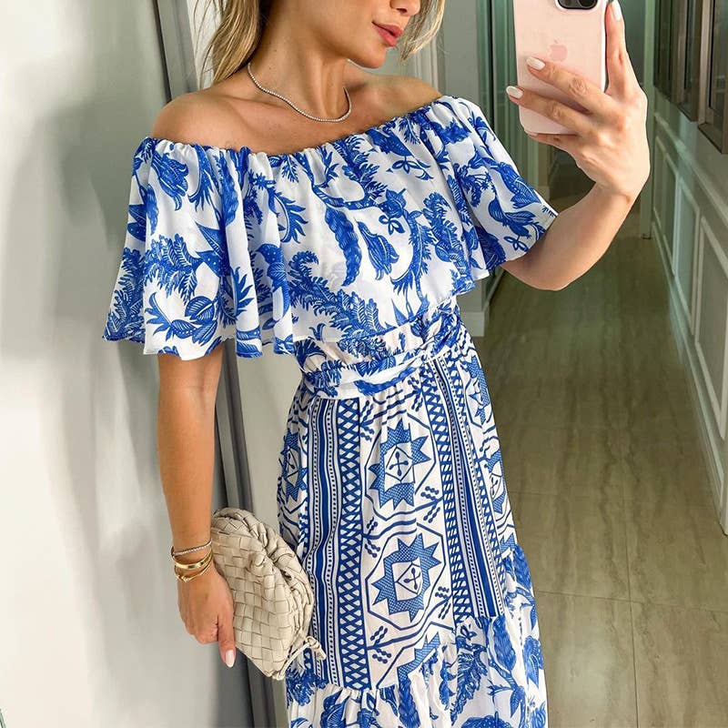 BOHO PRINT DRESS WITH A LINE NECK AND HIGH WAIST