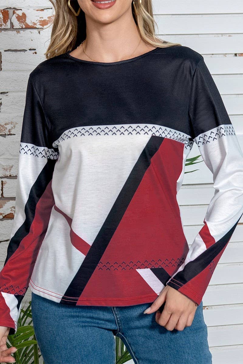 CWTBLL01155_GEOMETRIC COLOR-BLOCK LONG-SLEEVED T-SHIRT