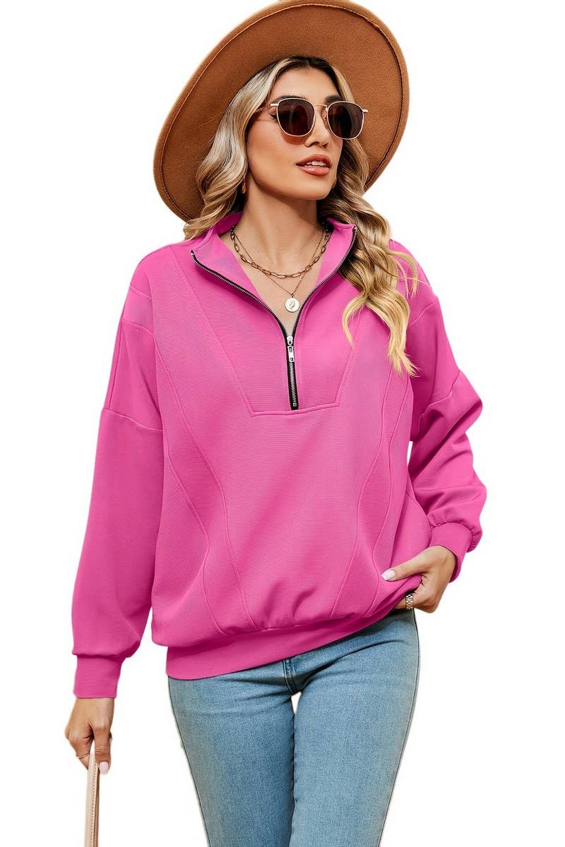 CWTBLL2399_ZIPPERED STAND COLLAR POCKET CASUAL SWEATSHIRT