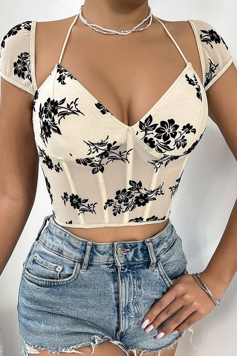 CWTBLS1664_TRANSPARENT LOW-CUT LACE-UP FLOCKED SHORT VEST