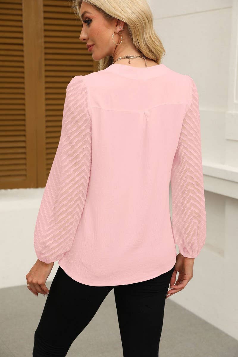 CWTBLL3999_SOLID V-NECK LACE PANEL CHIFFON BLOUSE