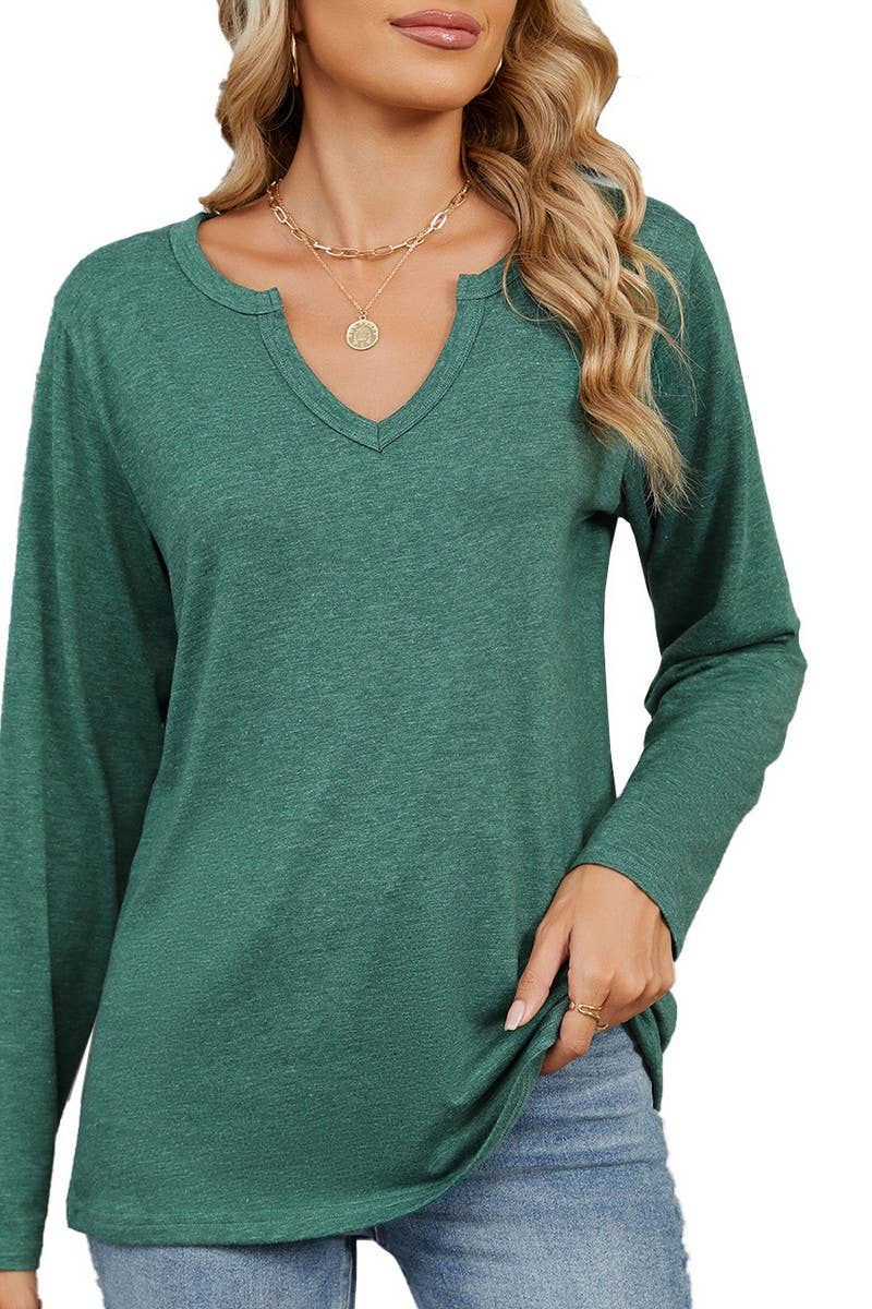 CWTBLL2369_V-NECK SOLID COLOR LOOSE LONG-SLEEVED T-SHIRT
