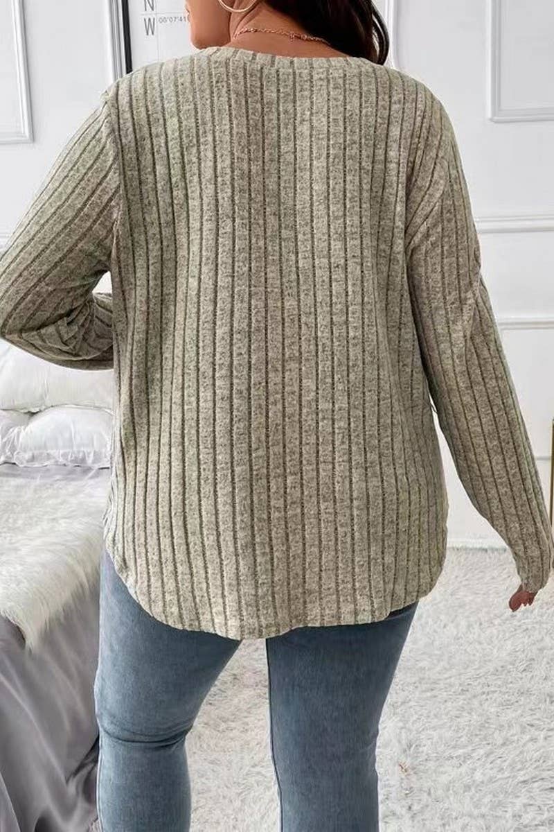 CWTTL1961_SPRING AND AUTUMN V-NECK LARGE SIZE RIBBED TOP