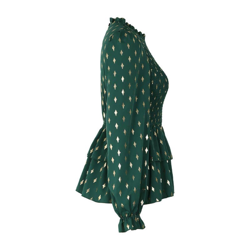 CREW-NECK LONG SLEEVE GOLD PRINT BLOUSE