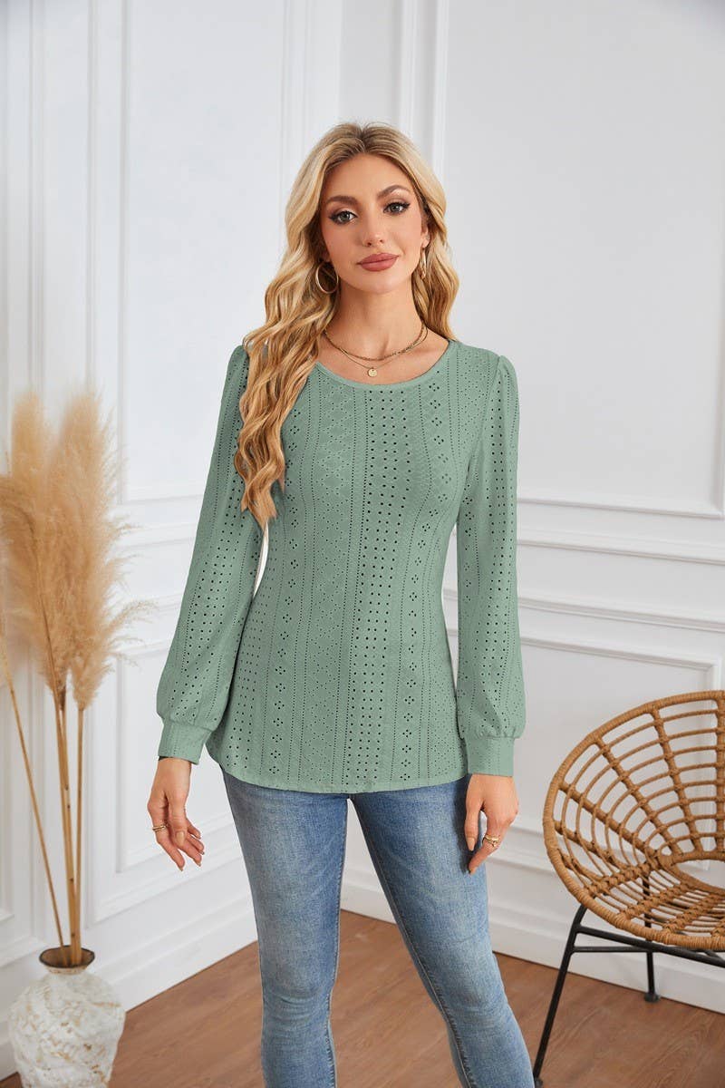 CWTBLL4098_ROUND NECK EYELET PUFF SLEEVE LONG SLEEVE T-SHIRT