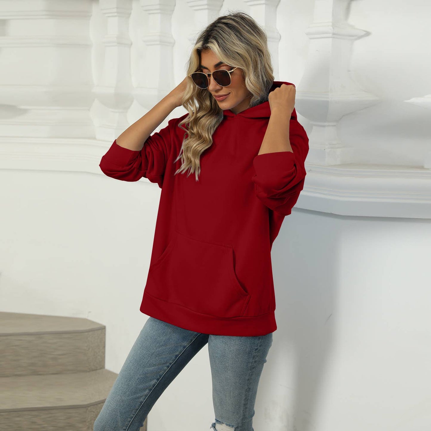 CASUAL HOODED POCKET HOODIE SOLID COLOR TOP