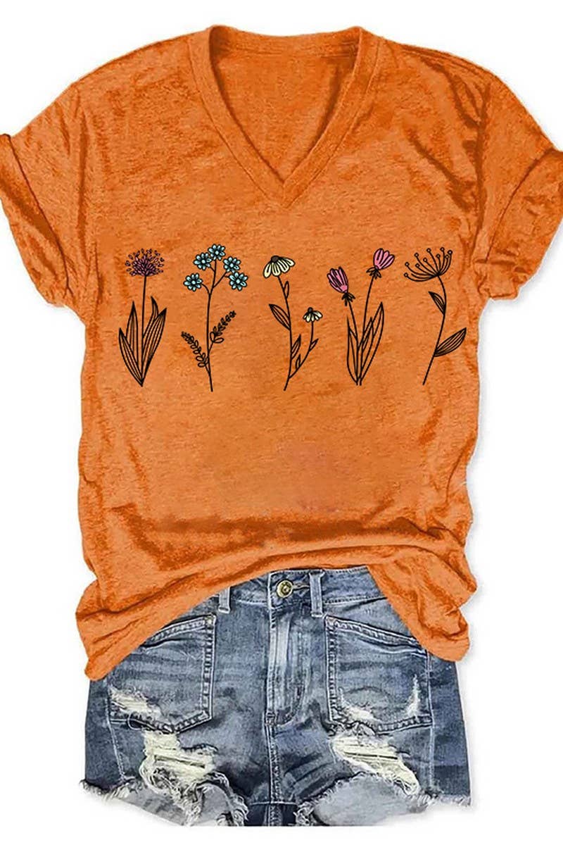 CWTTS1067_SMALL FLOWER PRINT V NECK SHORT SLEEVED T SHIRT