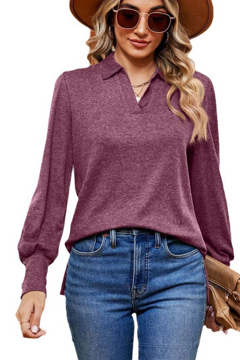 CWTBLL2398_SOLID COLOR POLO NECK LONG SLEEVE BUTTON PULLOVER