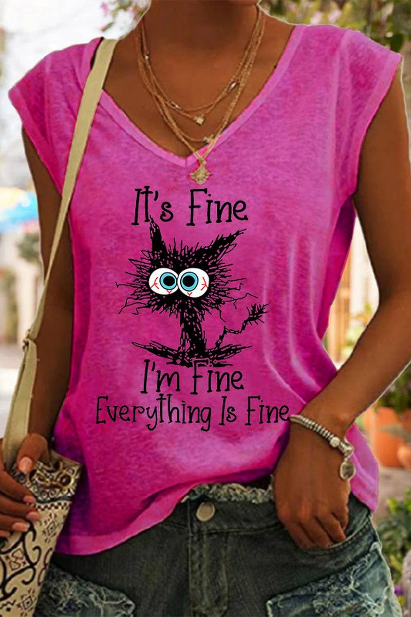 CWTTSL0258_V-NECK PRINTED LOOSE SLEEVELESS T-SHIRT