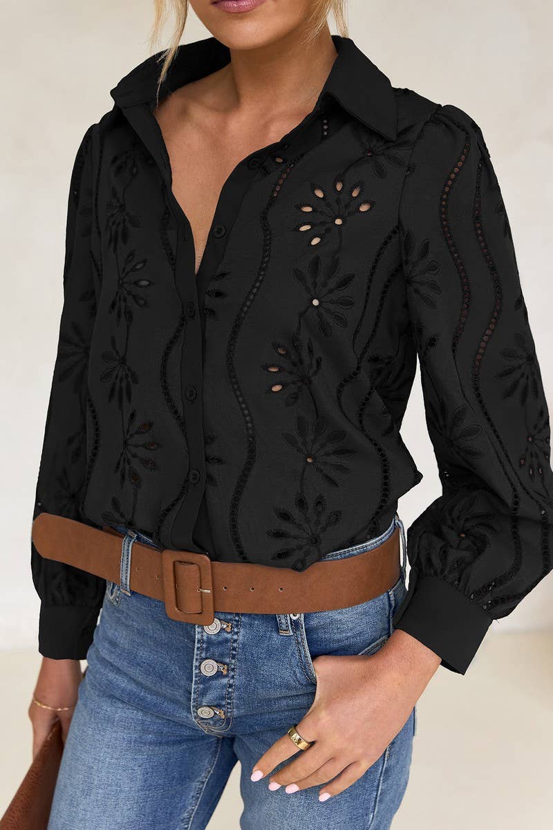 CWTSTL01000_CASUAL LOOSE HOLLOW OUT PUFF SLEEVE  TOP