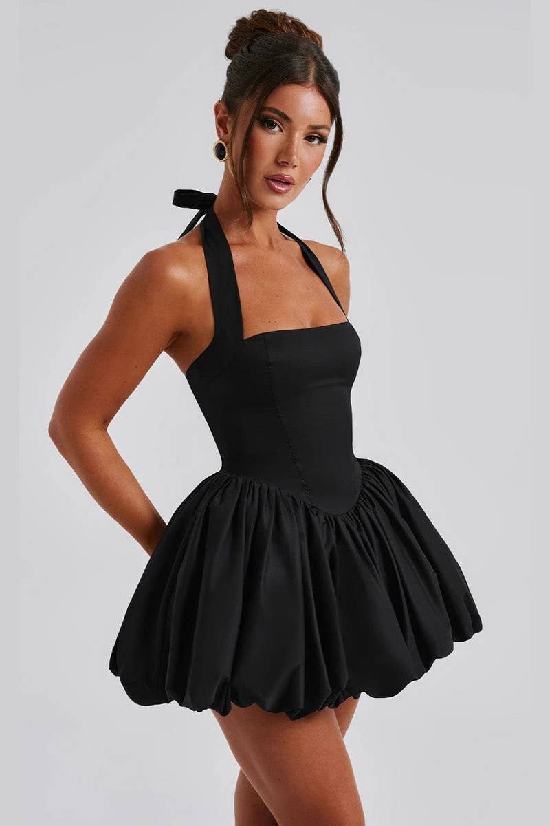 CWDHL0946_SEXY HALTER BOW TIE FIT AND FLARE MINI DRESS