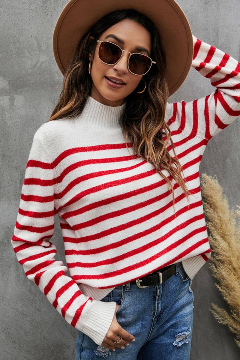 CWOSWL2685_STAND COLLAR LOOSE STRIPED KNIT TOP