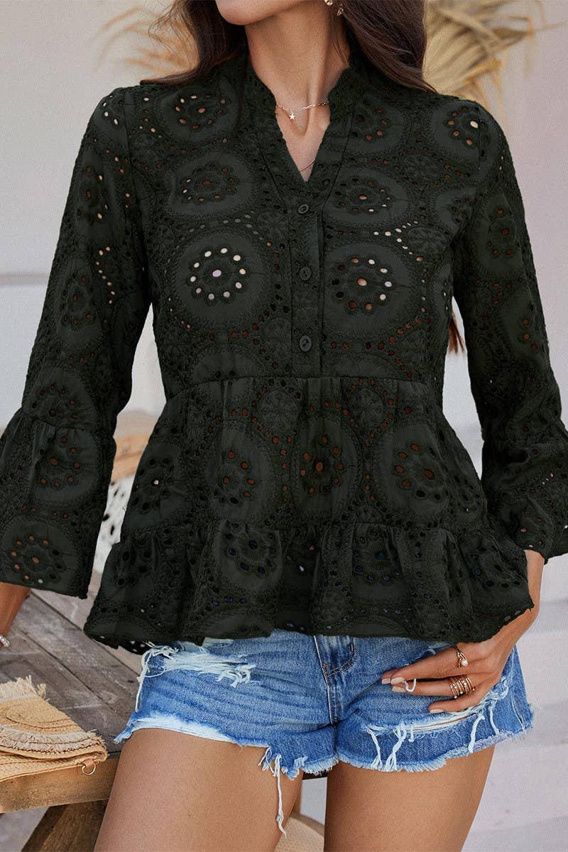 CWTBLL3593_CASUAL HOLLOW V-NECK THREE-QUARTER SLEEVE SHIRT