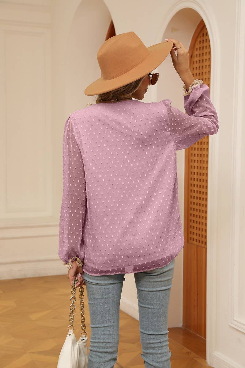 CWTBLL2386_JACQUARD V-NECK LONG-SLEEVED CHIFFON SHIRT TOP