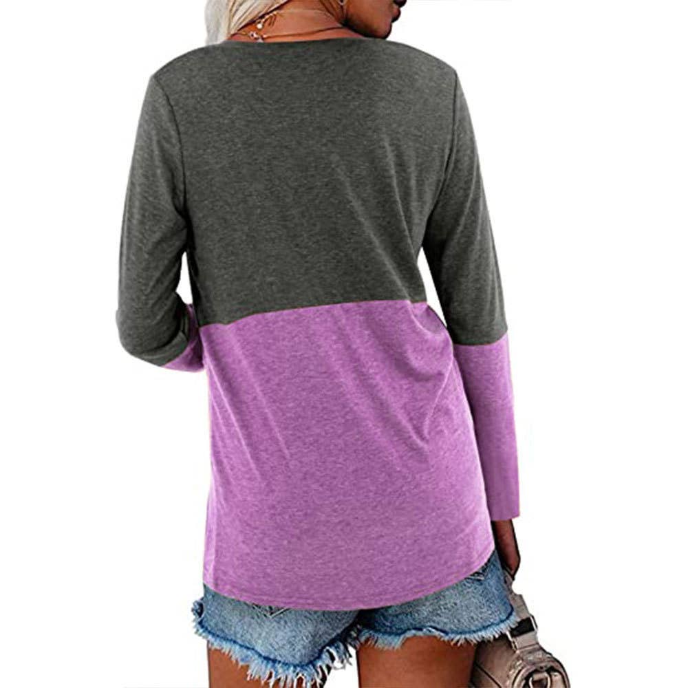 Color contrast patchwork V-neck long sleeve Tshirt
