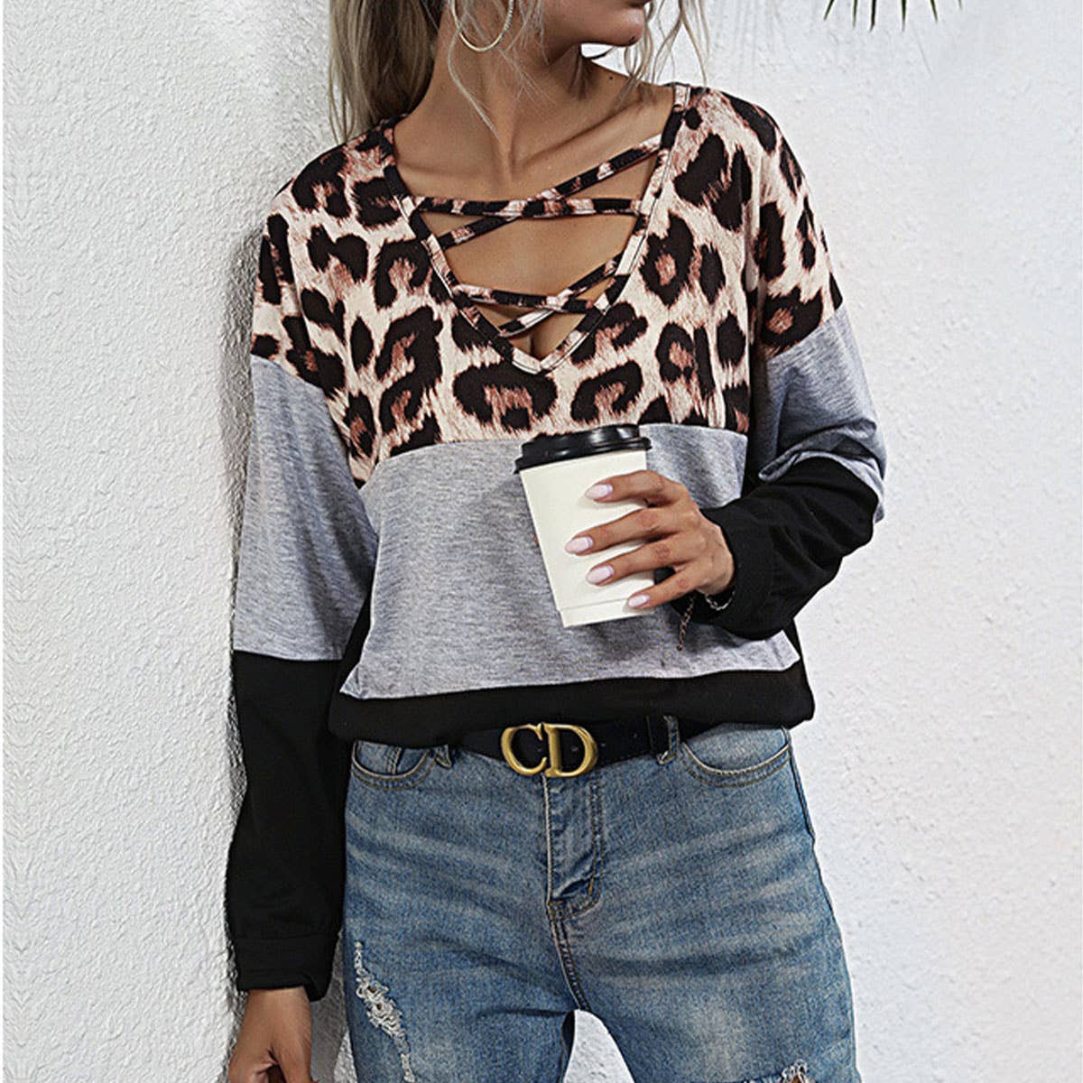 CASUAL LOOSE PRINT LEOPARD PATCHWORK T-SHIRT