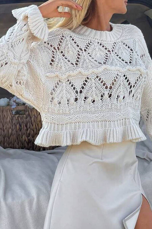 CWOSWL07627_CROCHET LONG SLEEVE ROUND NECK CROP SWEATER