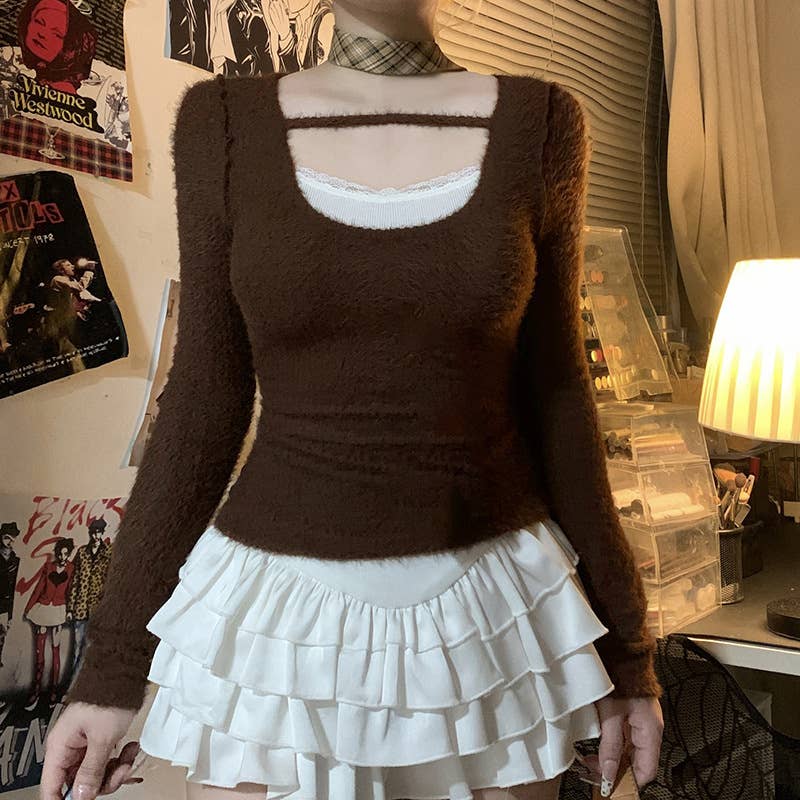 CREW-NECK COLOR MATCHING FAKE TWO KNITTED BOTTOMS