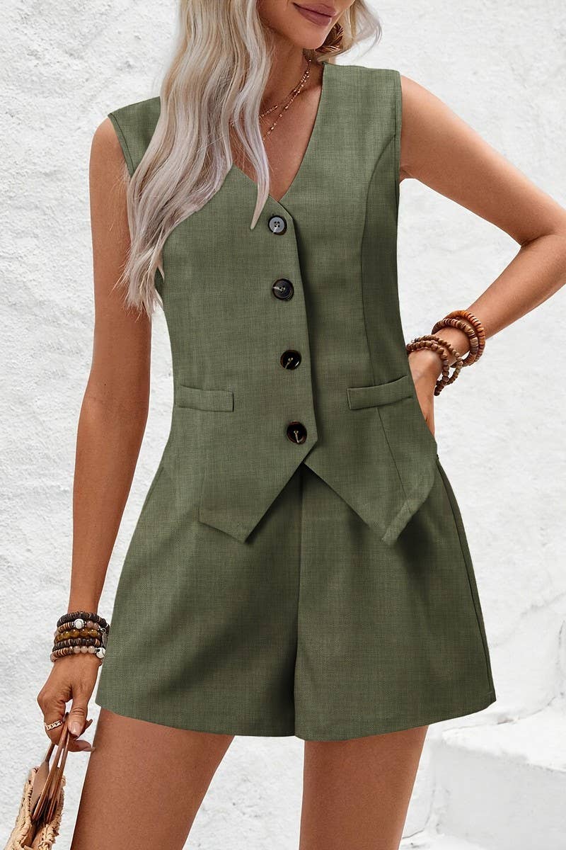 CWSS1118_V-NECK COMMUTER VEST SHORTS SHORT TWO-PIECE SUIT