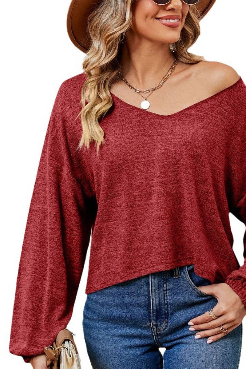 CWTBLL2402_SOLID COLOR V-NECK LONG-SLEEVED CROPPED TOP