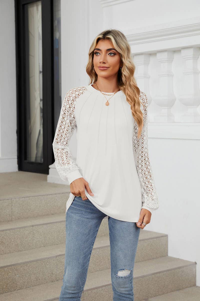 CWTBLL2349_AUTUMN AND WINTER ROUND NECK LACE CASUAL T-SHIRT