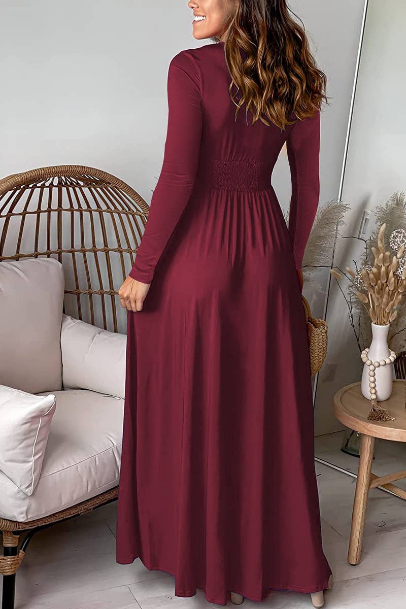 CWDMD5880_DEEP V RUCHED LONG SLEEVE SPLIT MAXI DRESS