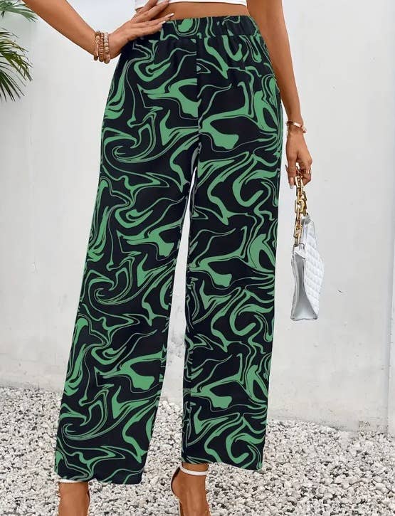 ELASTIC HIGH-WAISTED CASUAL PRINTED TROUSERS