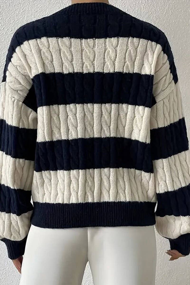 CWOSWL5806_V-NECK BRAIDED STRIPED CONTRAST SWEATER
