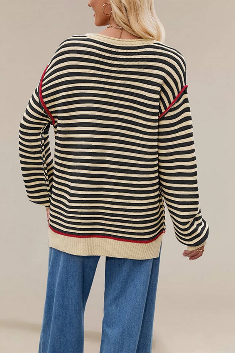 CWOSWL7017_STRIPED PULLOVER LOOSE LONG-SLEEVED KNITTED TOP