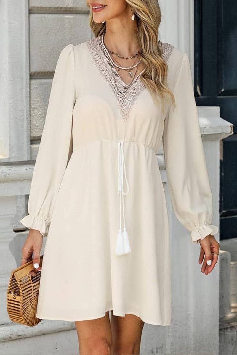 CWDSD7204_NEW LANTERN SLEEVE LACE TASSEL BELT DRESS