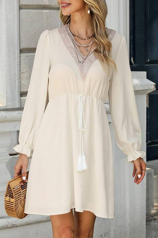 CWDSD7204_NEW LANTERN SLEEVE LACE TASSEL BELT DRESS