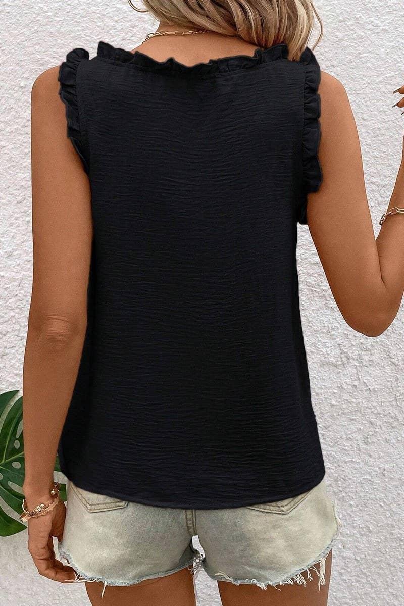 CWTTK0807_SOLID COLOR V-NECK RUFFLE SLEEVELESS TANK TOP