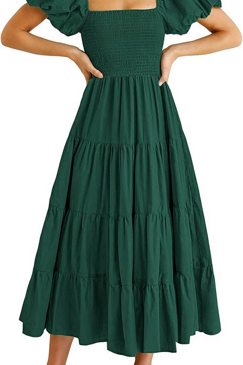 CWDTD0360_SQUARE NECK OFF SHOULDER PUFF SLEEVE DRESS