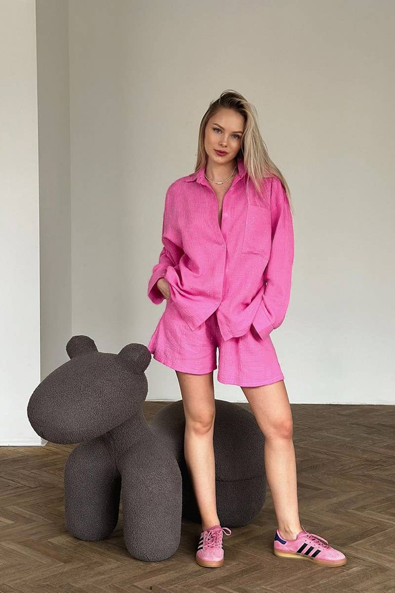 CWSPJ0383_COTTON LONG SLEEVE SHORTS RHINESTONE PAJAMA SET