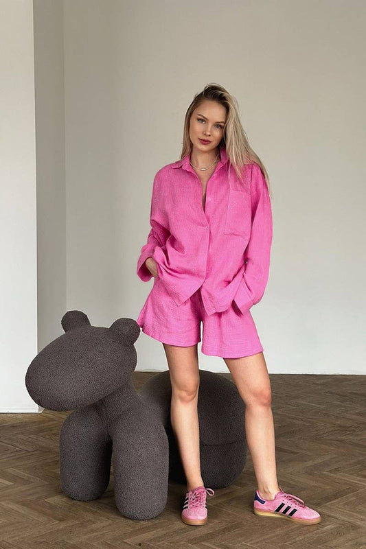 CWSPJ0383_COTTON LONG SLEEVE SHORTS RHINESTONE PAJAMA SET