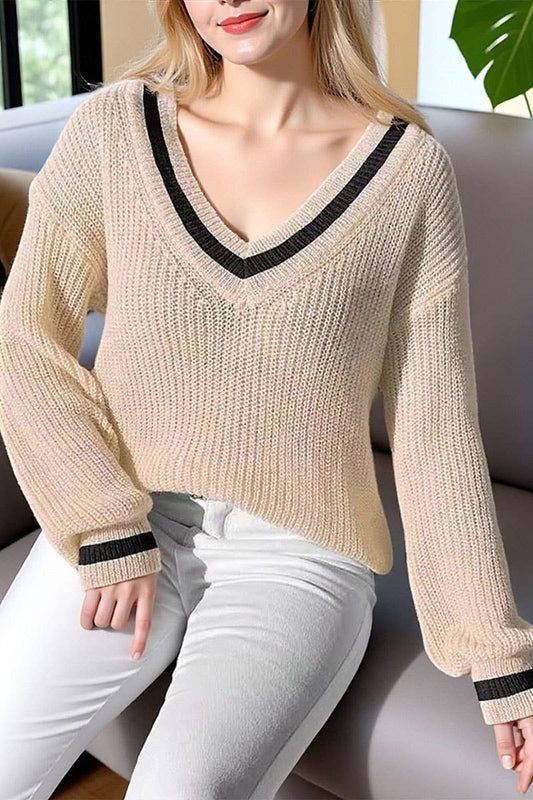 CWTSTL00988_WOMEN COLORBLOCK V-NECK LOOSE KNIT SWEATER