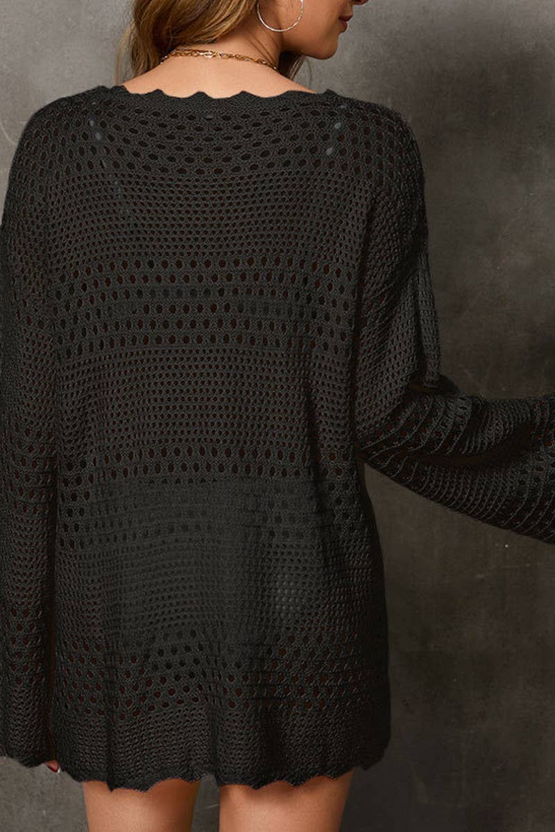 CWTBLL0946_HOLLOW KNIT SMOCK FLARED SLEEVE BEACH DRESS